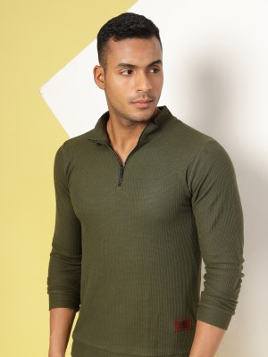 RIGO Solid Men Henley Neck Green T-Shirt