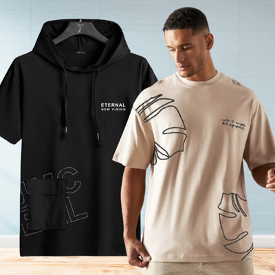 Jump Cuts Printed Men Hooded Neck Multicolor T-Shirt