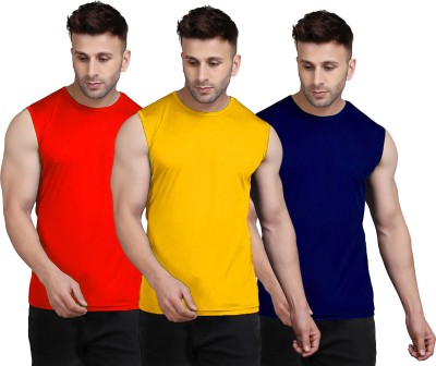 UDI n ADI Solid Men Round Neck Yellow, Red, Navy Blue T-Shirt