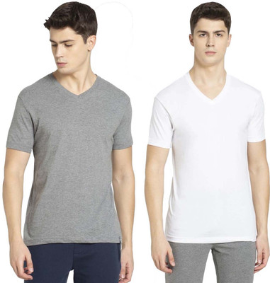 JOCKEY Solid Men V Neck Grey, White T-Shirt