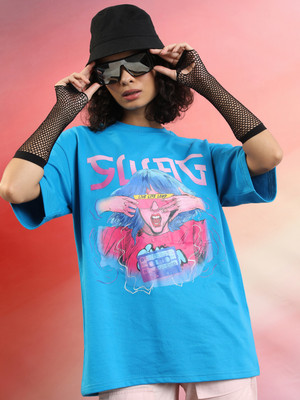 Tokyo Talkies Printed, Typography Women Round Neck Light Blue T-Shirt