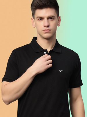 RISS CLOTHING Solid Men Polo Neck Black T-Shirt