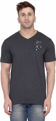 tfurnish Printed Men V Neck Grey T-Shirt