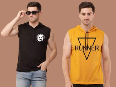 Mundali Printed Men Hooded Neck Black, Yellow T-Shirt