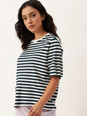 MACK JONNEY Striped Women Round Neck Blue T-Shirt