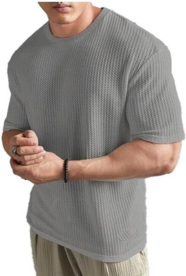 TreadDown Self Design Men Round Neck Grey T-Shirt