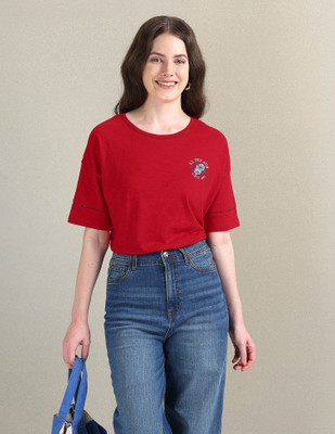 U.S. POLO ASSN. Solid Women Round Neck Red T-Shirt