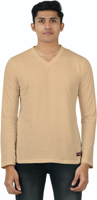 Smart Colors Solid Men V Neck Beige T-Shirt