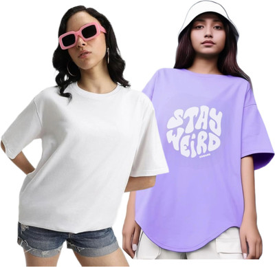 R S Fashion Printed Women Round Neck Purple, White T-Shirt