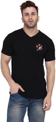 GEUM Printed Men V Neck Black T-Shirt
