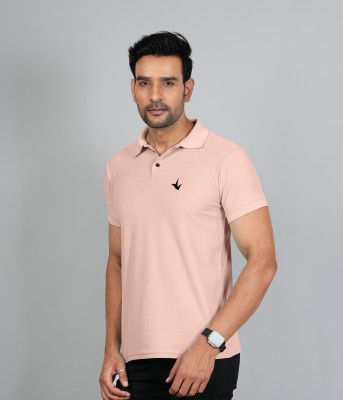 Notnine Solid Men Polo Neck Pink T-Shirt