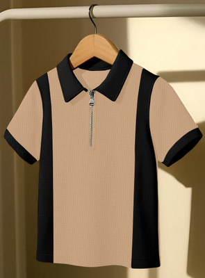 KAJARU Self Design Men Zip Neck Beige, Black T-Shirt