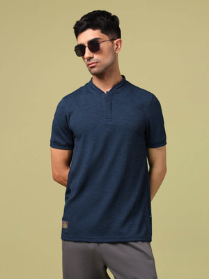TECHNOSPORT Solid Men Crew Neck Navy Blue T-Shirt