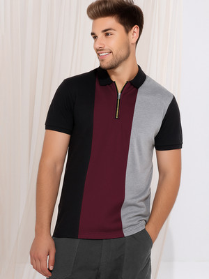 TRIPR Colorblock Men Zip Neck Black, Maroon, Grey T-Shirt