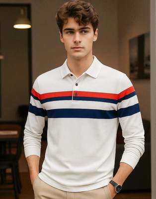 FASHIUM Striped Men Polo Neck White T-Shirt
