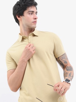 HIGHLANDER Solid Men Polo Neck Beige T-Shirt