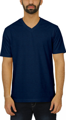 CELSIUS Solid Men V Neck Navy Blue T-Shirt