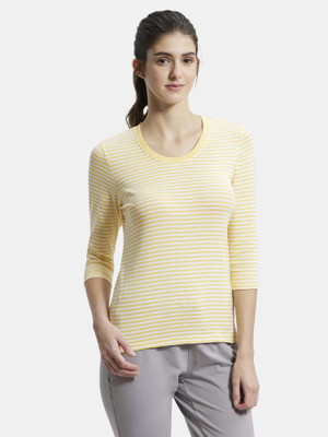 JOCKEY Striped Women Round Neck White, Yellow T-Shirt