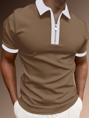 Try This Striped Men Zip Neck Brown T-Shirt