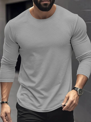 KAJARU Solid Men Round Neck Grey T-Shirt