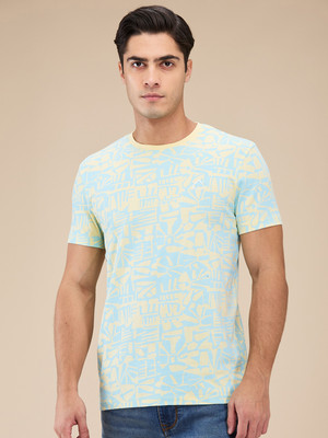 BEING HUMAN Geometric Print Men Round Neck Light Blue, Yellow T-Shirt