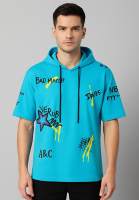 cnw Graphic Print Men Hooded Neck Blue T-Shirt