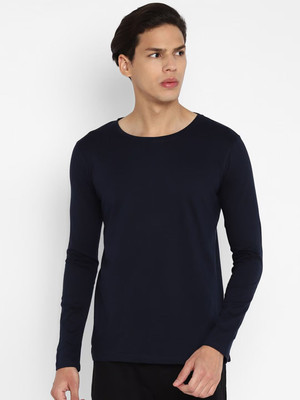 RULEDBYSUN Solid Men Round Neck Navy Blue T-Shirt
