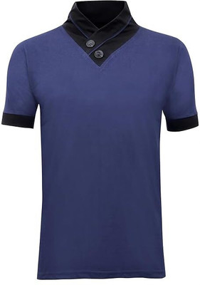 AUSANT Solid Men Mandarin Collar Blue T-Shirt