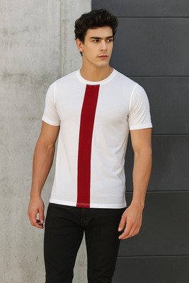 INKKR Striped Men Round Neck White T-Shirt
