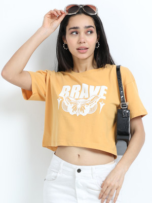 Snap and Spark Printed Women Round Neck Yellow T-Shirt