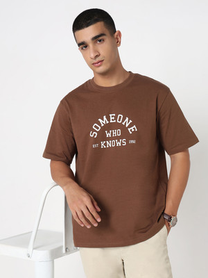 R&B Graphic Print Men Crew Neck Brown T-Shirt