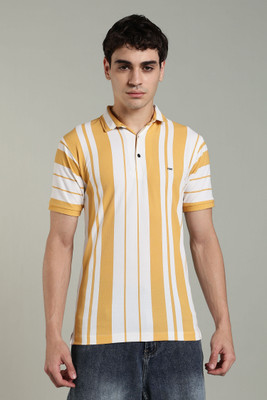 Vividvibe Striped Men Polo Neck Yellow T-Shirt
