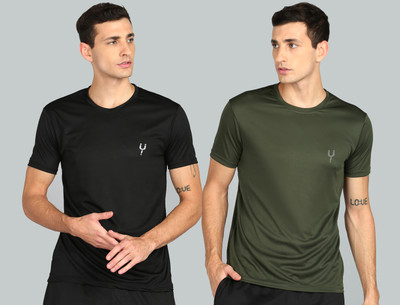 Fricker Solid Men Round Neck Black, Dark Green T-Shirt
