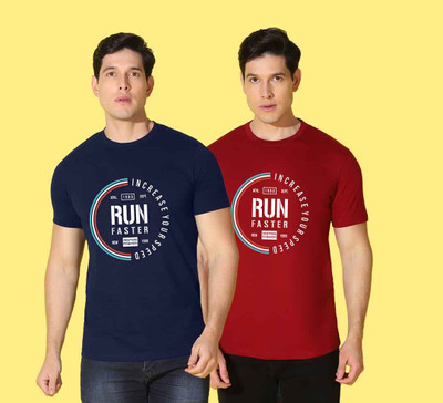 WOOSTRO Printed Men Round Neck Dark Blue, Maroon T-Shirt