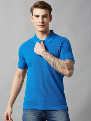 PROMOUNT Solid Men Polo Neck Blue T-Shirt