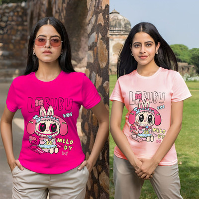 Kasendra Printed Women Round Neck Pink T-Shirt