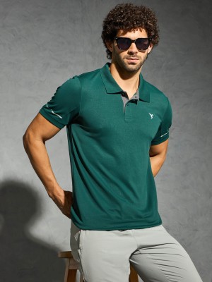 TECHNOSPORT Solid Men Polo Neck Green T-Shirt