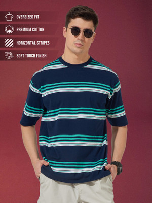 MANIAC Striped Men Round Neck Dark Blue T-Shirt