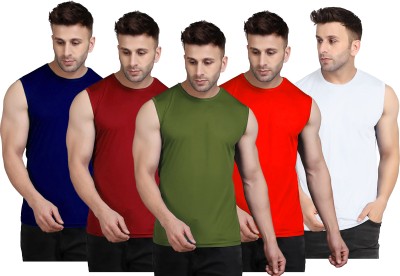 UDI n ADI Solid Men Round Neck Maroon, Navy Blue, Red, White T-Shirt