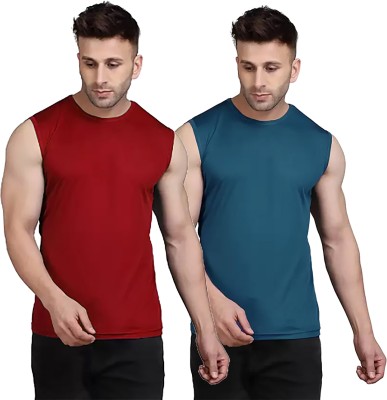 Think Tech Solid Men Round Neck Maroon, Blue T-Shirt