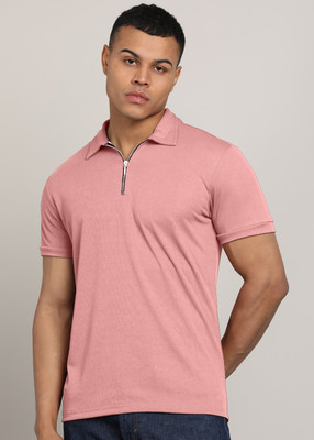 INKKR Solid Men Polo Neck Pink T-Shirt