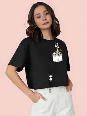 Elibolz Printed Women Round Neck Black T-Shirt