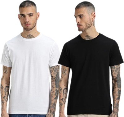 COTSHER Solid Men Round Neck White, Black T-Shirt