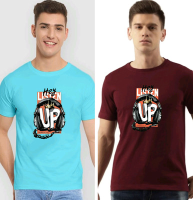 MAHAKAAL CREATION Printed Men Round Neck Maroon, Light Blue T-Shirt