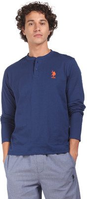 U.S. POLO ASSN. Solid Men Henley Neck Blue T-Shirt
