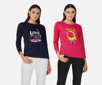 CHOZI Printed Women Round Neck Navy Blue, Pink T-Shirt