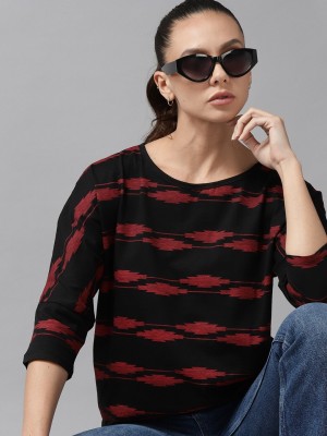 Roadster Striped Women Round Neck Maroon, Black T-Shirt