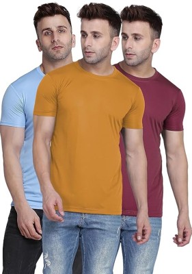 PARA HILLS Solid Men Round Neck Maroon, Yellow, Blue T-Shirt