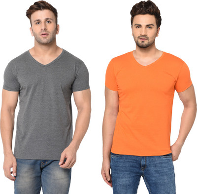 Moordale Fab Solid Men V Neck Orange, Grey T-Shirt