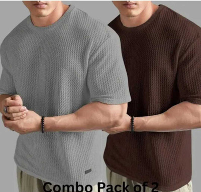 BOOM BAAM Self Design Men Round Neck Grey, Brown T-Shirt
